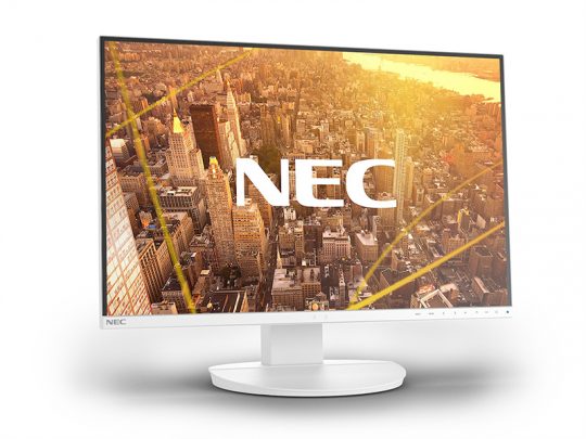 NEC computer monitor displaying an aerial city skyline at sunset, with the NEC logo visible on the screen. The monitor features a white frame and sleek design, ideal for home or office use.
