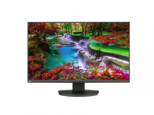 A computer monitor displaying a vivid image of a waterfall with lush green trees and bright red foliage, set against a white background. The screen showcases rich, high-resolution colors, highlighting the monitor’s display quality.