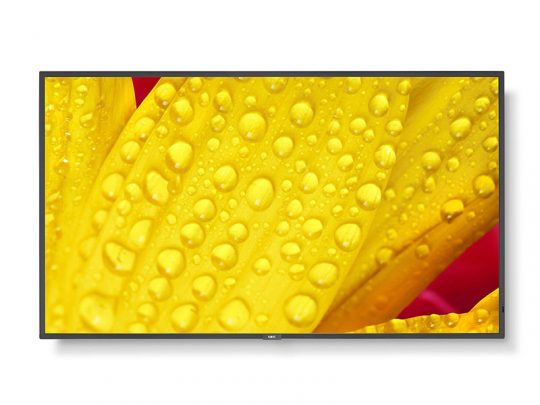 Samsung 4K UHD Smart TV displaying a vivid close-up of yellow flower petals with water droplets and a touch of red in the background; the flat-screen television highlights sharp detail and vibrant color quality.