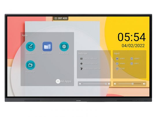 Digital smart board with a vibrant touchscreen interface displaying colorful app icons, settings menu, input options, and showing the time (05:54) and date (04/02/2022) on the screen. Ideal for classrooms or offices seeking an interactive smart display solution.