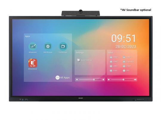 Interactive display screen with colorful apps interface, digital clock showing 09:51 and date 28/02/2023, camera mounted on top; *AV Soundbar optional. Ideal for smart classrooms and conference rooms.