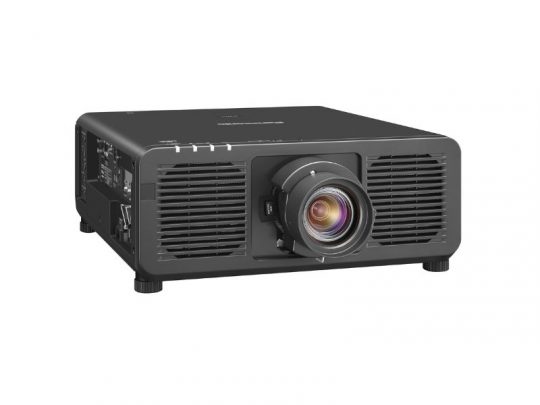 Black multimedia projector with large central lens and front ventilation grilles, displayed on a white background. Ideal for home theater or office presentations.