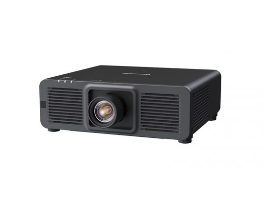 Black multimedia projector with large central lens and side ventilation grilles, displayed on a plain white background. Ideal for home theater or office presentations.