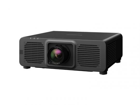 Black rectangular projector with a central large lens and vented grills on both sides, suitable for tabletop or ceiling installation. Ideal for home theater or office presentations.