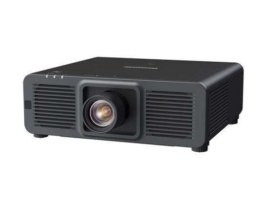 Black Panasonic projector with a large central lens, angled slightly to the right, displayed on a white background.