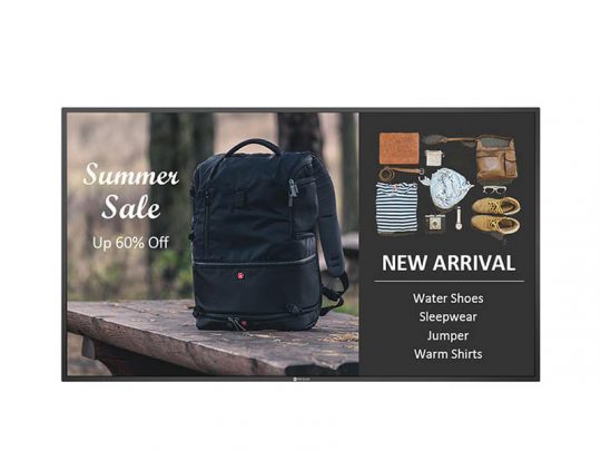 Digital display sign featuring Summer Sale Up to 60% Off with a black backpack on a bench; right side shows New Arrival items such as clothes, shoes, and accessories. Perfect for promoting seasonal fashion deals and latest product arrivals.