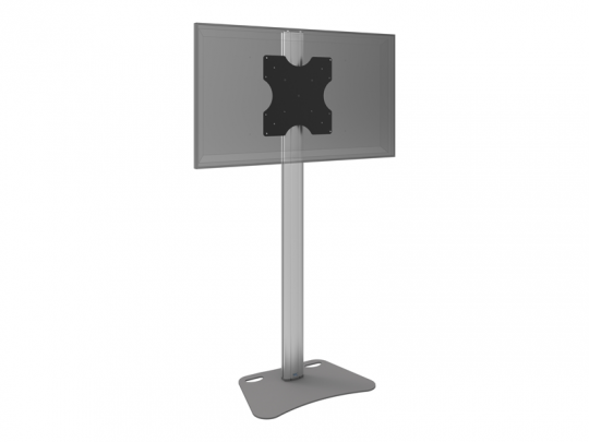 SmartMetals 65″ Rent is a freestanding metal TV or monitor stand with a sturdy rectangular base, tall vertical pole, and secure mounting bracket designed for flat screens up to 65 inches; the product image shows an outline of a transparent screen attached to the mount.