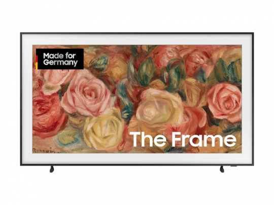 Samsung The Frame flatscreen TV displays an impressionist painting of pink, yellow, and orange roses. Made for Germany is written at the top left corner, and The Frame appears in bold white text at the bottom right. The TV has a sleek design that resembles a picture frame.