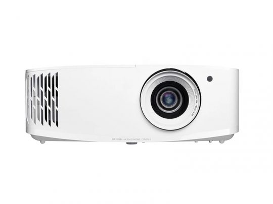 A white home theater projector with a central lens, left-side vent slits, and a sleek minimalist design; front view of modern projector ideal for home cinema setups.