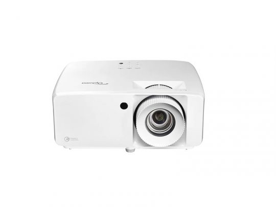 Product image of a white Optoma projector featuring a large lens on the front, top-mounted control buttons, and a modern rectangular design, shown against a plain white background.