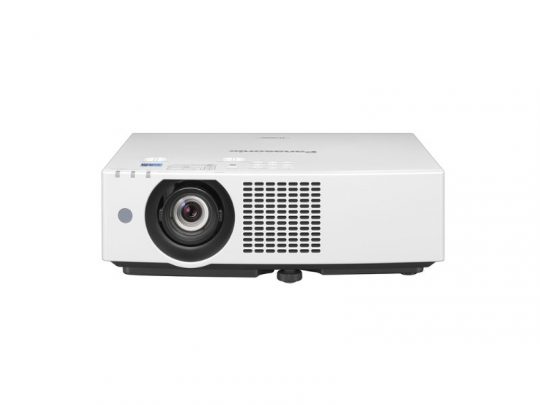 Front view of a white Panasonic projector with a prominent lens on the left and ventilation grilles on the right, rectangular in shape and placed against a plain white background.