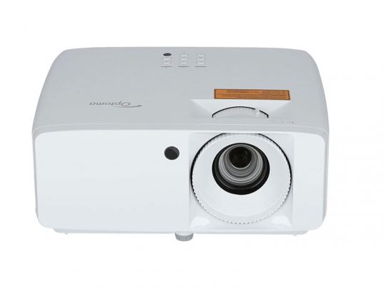 Front view of a white Optoma projector showing its large lens on the right, top-mounted control buttons, and a small sensor or indicator light on the left. Sleek, modern design suitable for home theater or office use.