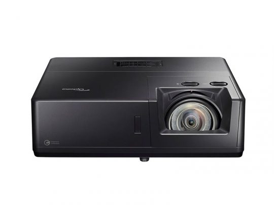 Black Optoma projector with a large lens on the right, control buttons on top, and a modern rectangular design, displayed front-facing on a white background.