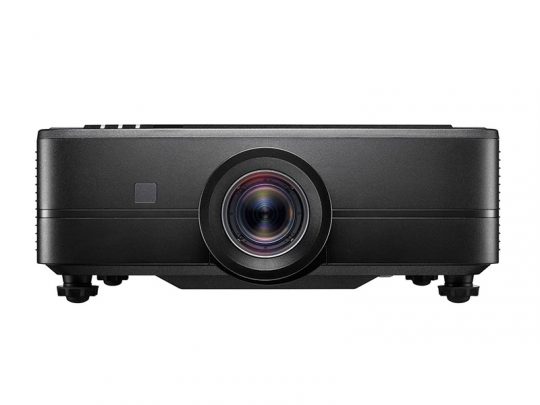 Front view of a black Epson projector featuring a central lens, four adjustable feet, and a minimalist design. Ideal for home theater or office presentations.