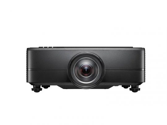 Front view of a black projector, featuring a large central lens, displayed against a plain white background. This modern multimedia projector is designed for home theater and office presentations.