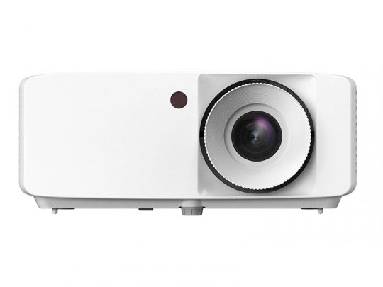 BenQ MW560 Projector shown from the front against a plain background; features a sleek white rectangular body, a large projection lens on the right side, and a small round sensor on the left. This modern home or office projector is designed for high-quality image display.