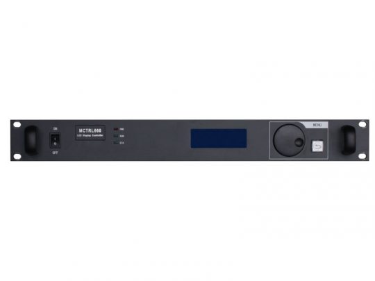 Front view of the NovaStar MCTRL600, a black 1U rack-mount control unit for LED displays. The device features a power switch, digital display screen, rotary control knob, and menu button on the front panel. Model number MCTRL600 is printed on the left side.