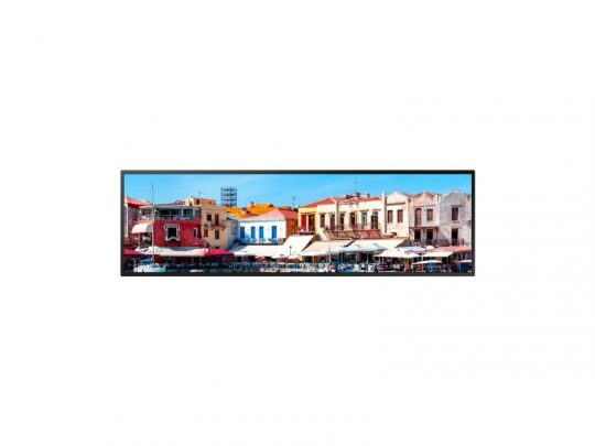 Samsung SH37C 37 Inch Stretched Signage displaying a vibrant image of colorful waterfront buildings and outdoor cafes under a clear sky, showcasing the signages vivid display quality.