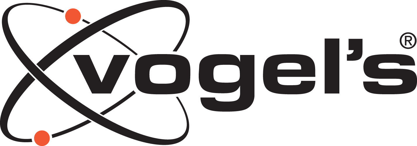 Vogel's Logo: Schwarzer Schriftzug "Vogel's" mit stilisierter Orbit-Grafik und zwei orangefarbenen Punkten (Elektronen) um das "v" - ideal für Unternehmen, die Produkte von Vogel's mieten oder kaufen möchten.