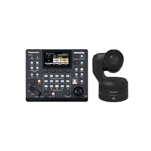 Panasonic Remote-Kamera-Controller mit Digitalanzeige und zahlreichen Tasten neben einer schwarzen Panasonic 4K PTZ Kamera für professionelle Videoproduktionen, beide Produkte nebeneinander aufgestellt und zum Kauf oder zur Miete verfügbar.