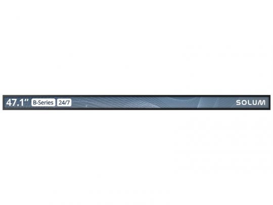Solum Newton Signage B47A - langes, schmales 47,1-Zoll-UHD-Bar-Display mit SOLUM-Logo rechts und seitlicher Beschriftung auf grauem Hintergrund; modernes Digital-Signage-Display, perfekt zum Mieten oder Kaufen für flexible Werbe- und Informationslösungen.