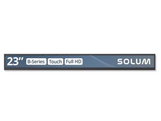 23 Zoll FHD Bar Display Solum Newton Signage B23A - Rechteckiges Etikett mit den Aufschriften "Newton Signage B23A" (links) und "SOLUM" (rechts) auf blau gemustertem Hintergrund - modernes, schmales Digital-Display, perfekt für professionelle Beschilderung oder Werbezwecke.