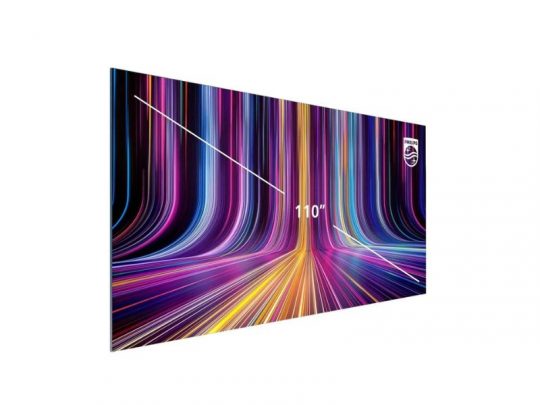 Philips Unite LED 7000 All-in-One 110 Zoll Signage Solution Display (Neuware) - Großes, modernes Display mit leuchtenden Lichtstreifen in Lila, Blau, Gelb und Pink, die diagonal verlaufen; Philips-Logo oben rechts erkennbar. Ideal für Präsentationen und digitale Werbung.