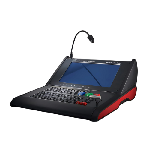 Schwarzes und rotes Desktop-Kontrollpanel mit integriertem Bildschirm, Tastatur, farbigen Tasten und flexiblem Mikrofon links oben - ideal als Bedienpult für Konferenzen oder Veranstaltungstechnik. Das Produkt ist zum Kaufen oder Mieten verfügbar und auf weißem Hintergrund isoliert dargestellt.