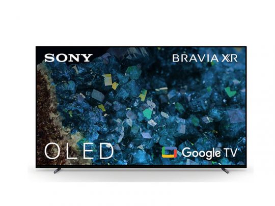 Sony Bravia XR OLED Fernseher zeigt ein farbenfrohes abstraktes Bild auf dem Bildschirm; auf dem TV sind die Logos von Sony, Bravia XR, OLED und Google TV sichtbar - ideal zum Kaufen oder Mieten für ein beeindruckendes Heimkinoerlebnis.