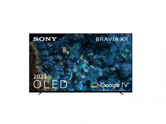 Sony BRAVIA XR OLED TV 2023: Der Fernseher zeigt ein leuchtendes blau-grünes abstraktes Bild. Auf dem schlanken Bildschirm mit dünnem Rahmen und zwei kleinen Standfüßen sind die Labels "2023 OLED" und "Google TV" sichtbar. Ideal zum Kaufen oder Mieten, bietet dieses Modell brillante OLED-Bildqualität und modernes Design.