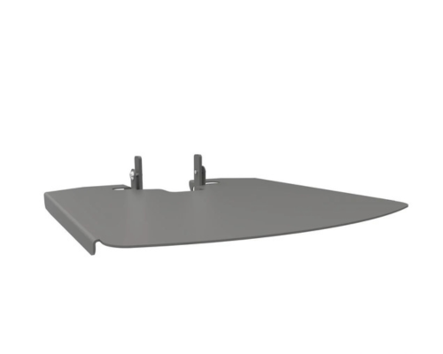 Laptop-Halterung für SmartMetals 65" Designständer: Graue, flache Dreieckplatte mit zwei senkrechten Halterungen auf der Rückseite. Die Halterung bietet sicheren Halt für Laptops am SmartMetals Standfuß - perfekt zum Mieten und für flexible Raumgestaltung geeignet.
