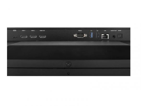 Rückansicht des Legamaster DISCOVER 2 DIS-5510 55 Zoll Professional Displays (Neuware), Nahaufnahme der Anschlüsse: USB, HDMI In/Out, RS232, LAN, Stereo-Miniklinke und Audio Out - ideal zum Kaufen oder Mieten. Perfekt für professionelle Anwendungen und Konferenzen.