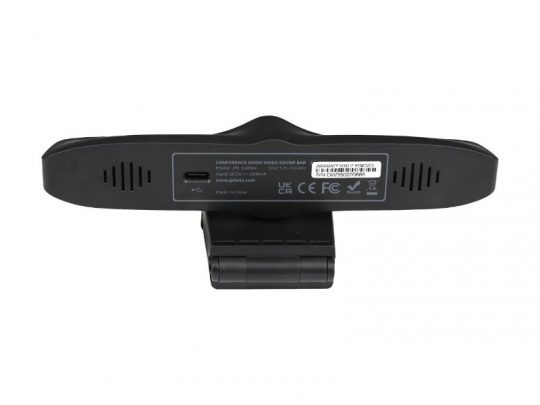 Rückansicht der Legamaster SPITFIRE Konferenzkamera (Neuware) - schwarze Video-Soundbar mit Lüftungsschlitzen, USB-C-Anschluss, Zertifizierungsaufklebern und Montageclip; ideal zum Mieten oder Kaufen für Videokonferenzen.