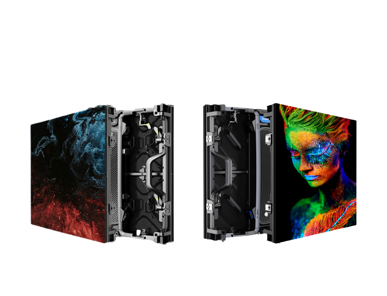 Zwei hochauflösende LED-Display-Panels, verfügbar zum Kauf oder zur Miete, präsentieren leuchtende digitale Kunst: Eines zeigt wirbelnde Rot-Blau-Muster, das andere ein farbenfrohes Porträt in Grün, Orange und Blau. Die LED-Bildschirme sind teilweise geöffnet zu sehen.
