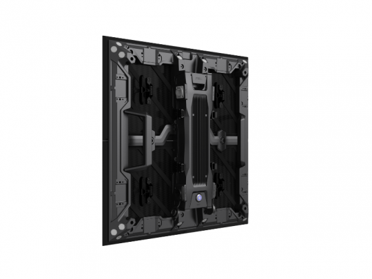 Eine schräge Rückansicht des schwarzen Unilumin URMIII 03 MK2 Pro 45° XC LED-Wandmoduls 3,9 mm (0,50 x 0,50 m) mit Lüftungsschlitzen, Griffen und Montageteilen auf der rechteckigen Rückseite.