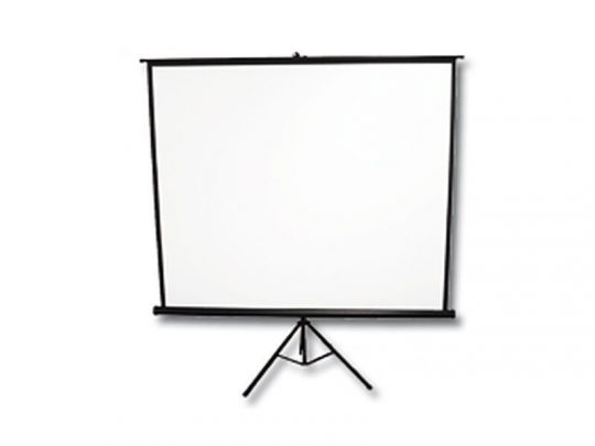 Eine leere weiße Celexon Stativleinwand 244 x 183 cm AP (Demoware) auf schwarzem Stativ, isoliert auf Weiß – perfekt für Präsentationen oder Heimkinos. Sichern Sie sich zuverlässige Qualität und beeindruckende Bilder.