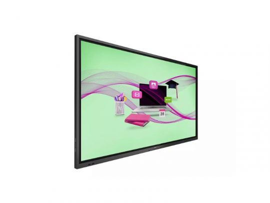 Das Produktbild zeigt das Samsung Flip Pro, ein großes interaktives Display. Auf dem Bildschirm sind Grafiken von einem Laptop, einem Doktorhut, Notizbüchern und Schreibwaren auf grünem Hintergrund mit lila Wellen zu sehen. Das Display wird schräg von links fotografiert.