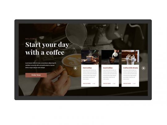 Website-Mockup für eine Kaffee-Landingpage mit dem Slogan "Start your day with a coffee", einem "Order Now"-Button sowie Bildern und Beschreibungen von heißem Kaffee, Eiskaffee und Coffee-Milkshake.