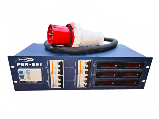 Strom-Unterverteilung 63A CEE-Rot: Kompakte Verteilung mit 4x 32A, Sicherungen, digitalen Anzeigen und robustem CEE-Stecker.