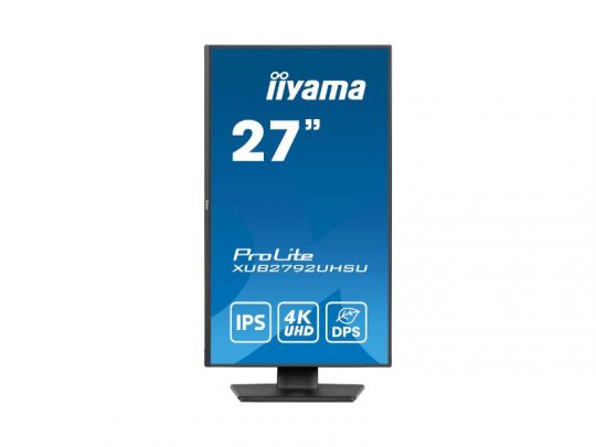 Iiyama 27 Zoll Monitor ProLite XUB2792UHSU im Hochformat, blue screen mit Produktname und technischen Details in weißer Schrift.