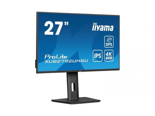 Iiyama ProLite XUB2792UHSU 27 Zoll Monitor mit IPS-Panel und 4K UHD, auf schwarzem Standfuß, zeigt Produkthinweise auf dem Display.