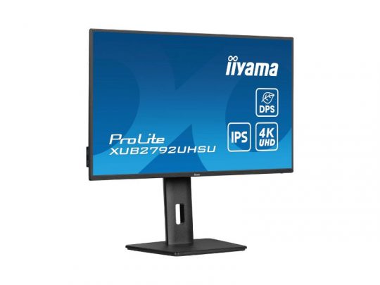 Der schwarze Iiyama ProLite XUB2792UHSU Monitor steht auf einem rechteckigen Standfuß und zeigt 4K UHD sowie IPS-Icons auf dem Bildschirm.