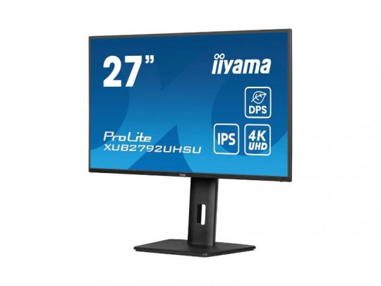 Iiyama ProLite XUB2792UHSU 27 Zoll Monitor mit schwarzem Standfuß, Display zeigt IPS, DPS, 4K UHD Features.