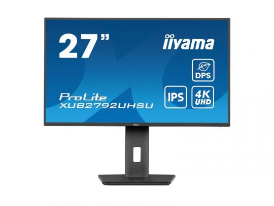 Iiyama ProLite XUB2792UHSU: 27-Zoll-Monitor mit IPS-Panel, 4K UHD, Lautsprechern, schmalem Rahmen und rechteckigem Standfuß.